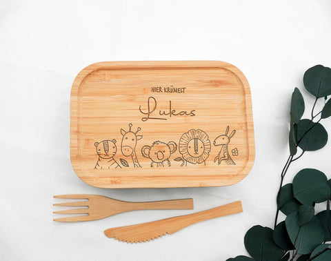 Lunchbox "Animal Family" mit Bambusdeckel – Personalisiertes Geschenk für Kinder