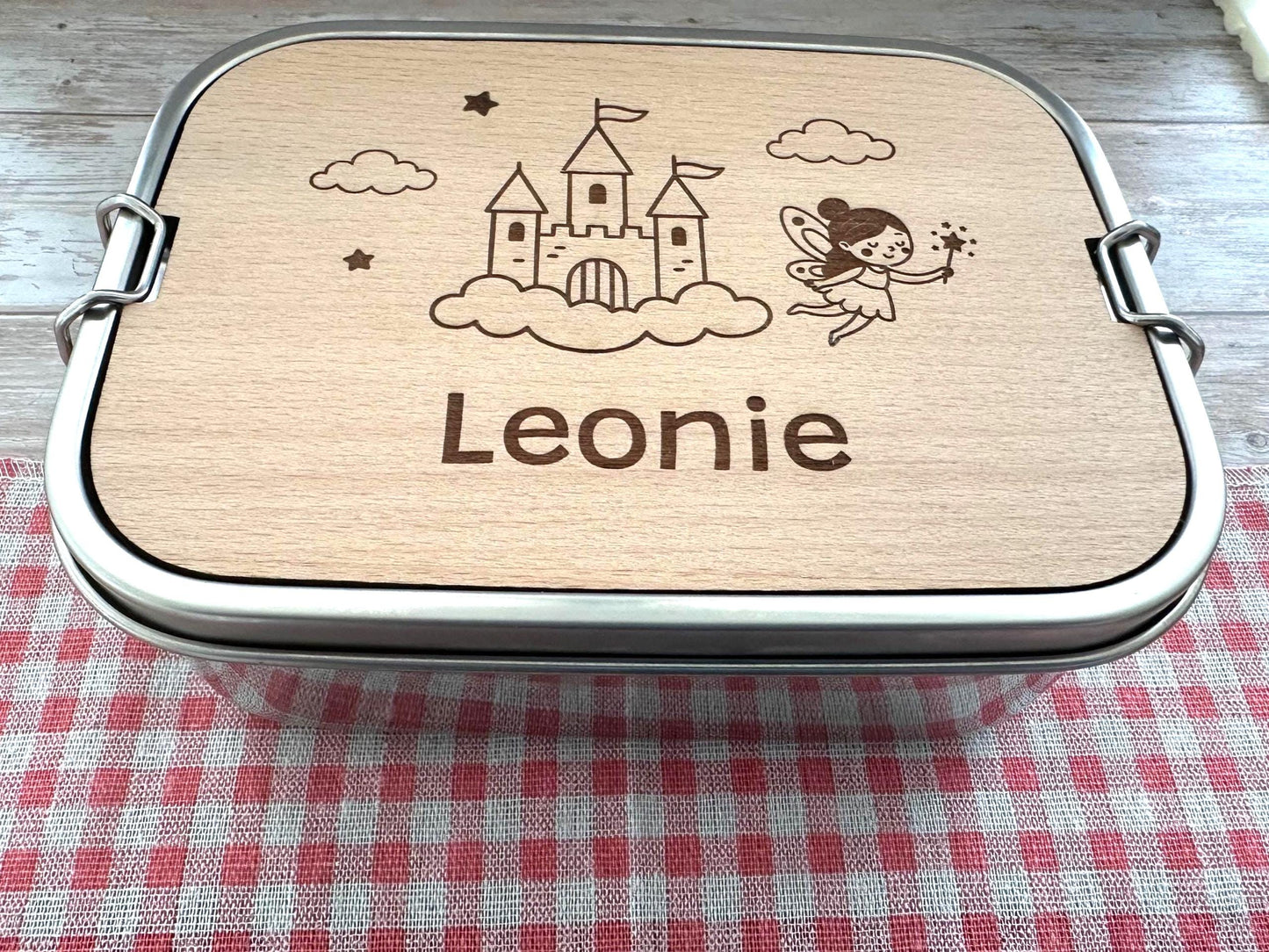 Personalisierte Brotdose Edelstahl, mit Namen, Märchen Schloss und Fee, wasserdicht mit Trennsteg & Schneidebrett, Geschenk Kinder