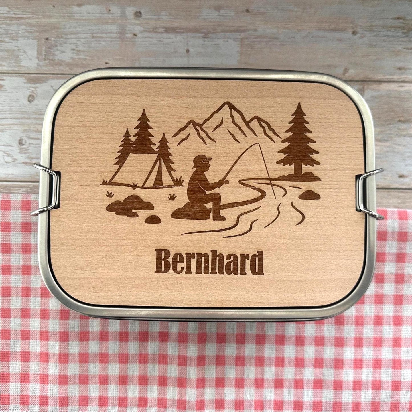 Personalisierte Brotdose Edelstahl, mit Namen, Angeln & Outdoor, wasserdicht mit Trennsteg und Schneidebrett - Angeln und Fischen