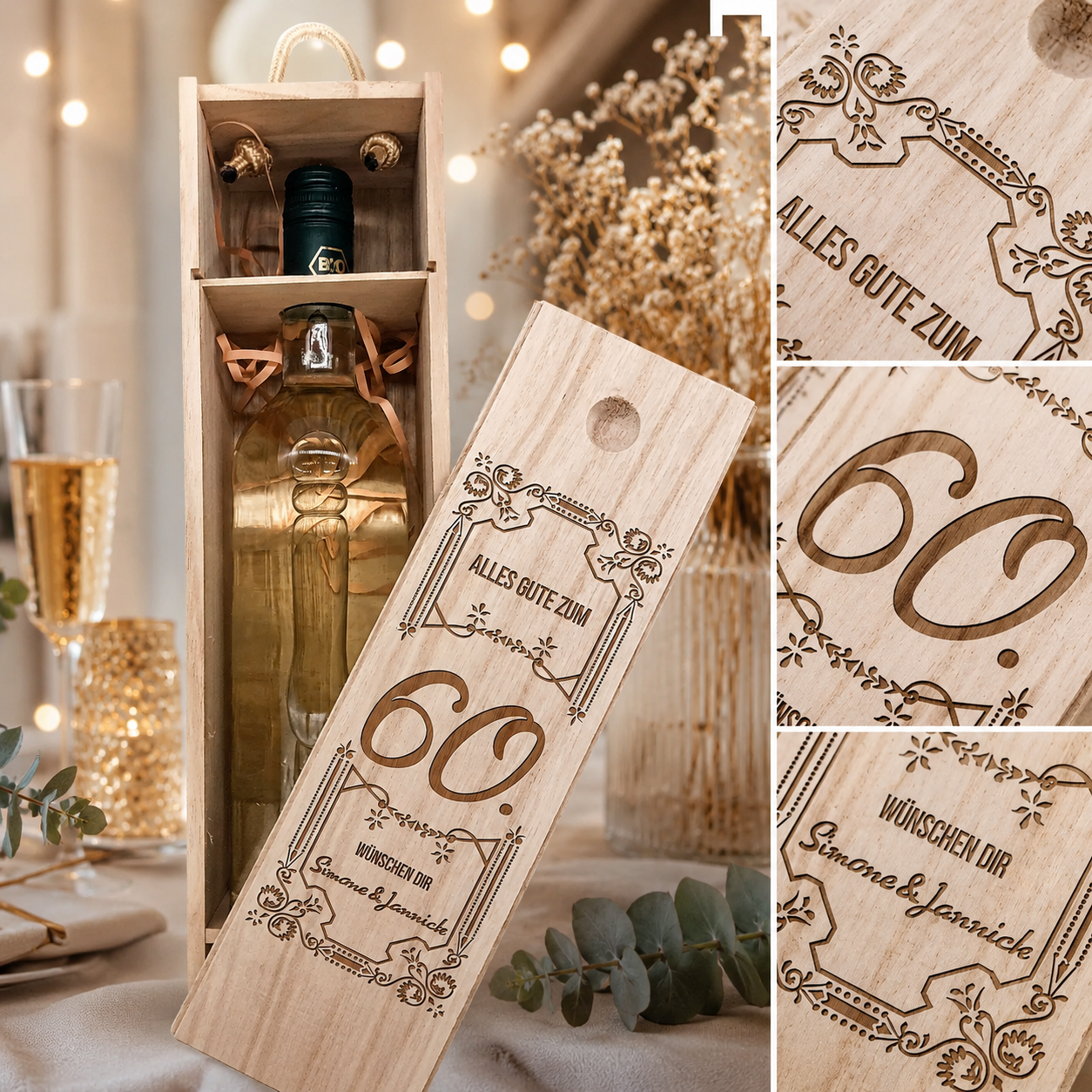 Personalisierte Weinverpackung aus Holz zum runden Geburtstag
