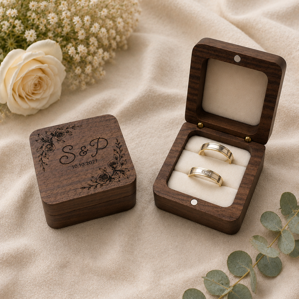 Ringbox personalisiert mit Initialen oder Namen, Datum und Motiv - Hochzeit & Verlobung