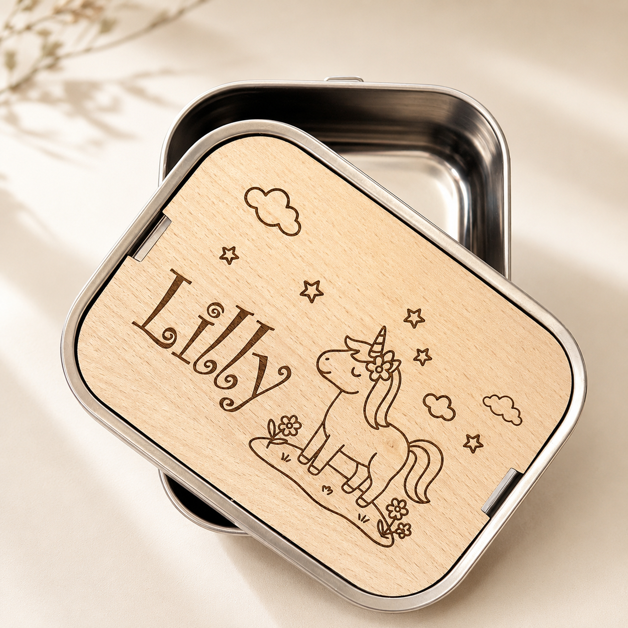 Personalisierte Brotdose Edelstahl, mit Namen, Einhorn, wasserdicht, BPA-frei, mit Trennsteg & Schneidebrett, Geschenk für Kinder