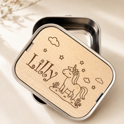 Personalisierte Brotdose Edelstahl, mit Namen, Einhorn, wasserdicht, BPA-frei, mit Trennsteg & Schneidebrett, Geschenk für Kinder