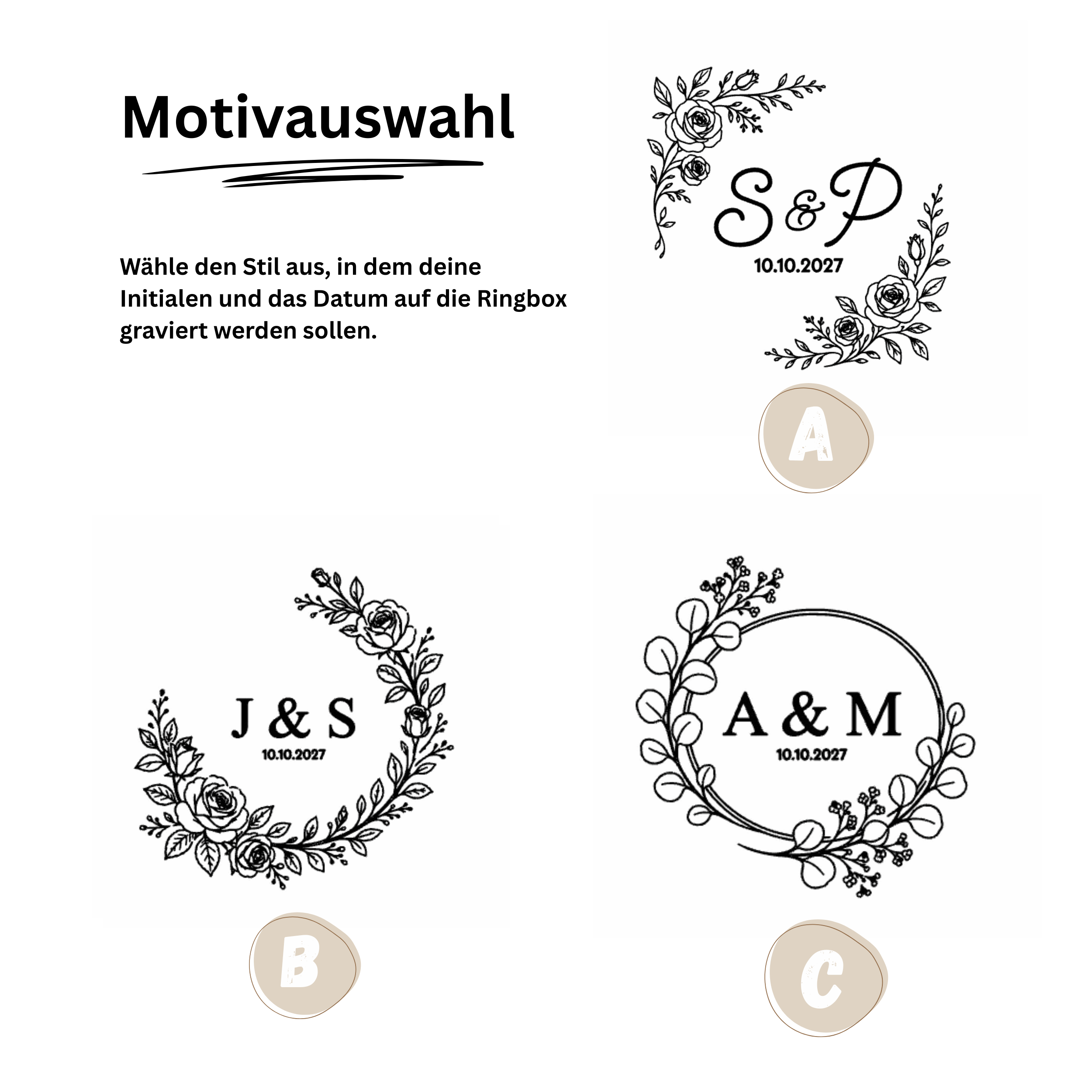 Ringbox personalisiert mit Initialen oder Namen, Datum und Motiv - Hochzeit & Verlobung