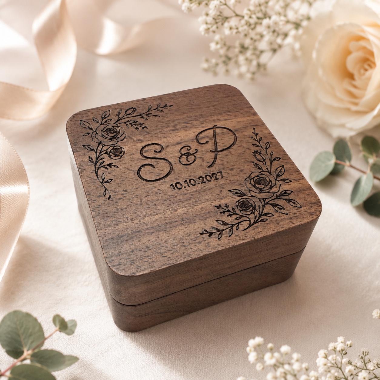 Ringbox personalisiert mit Initialen oder Namen, Datum und Motiv - Hochzeit & Verlobung