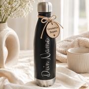 Personalisierte Edelstahl-Trinkflasche mit Namen und Motiv in Schwarz