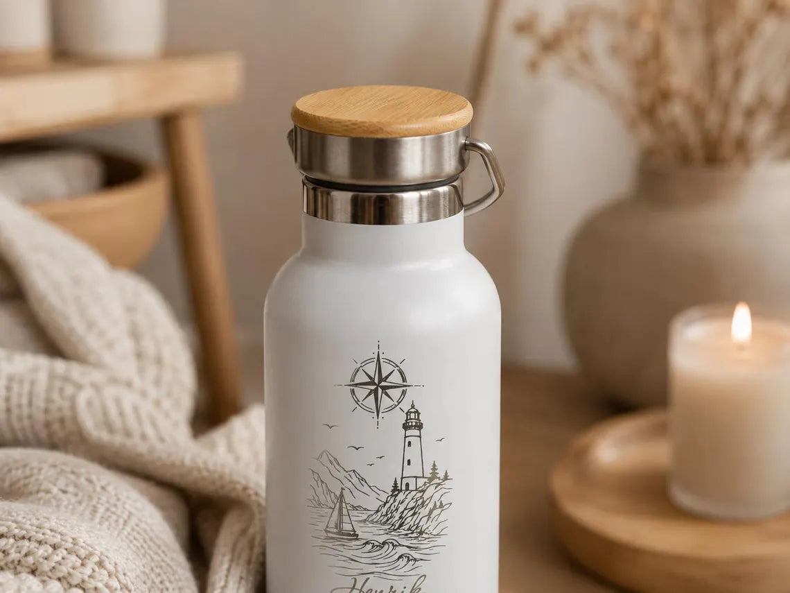 Thermoflasche mit Namen & Leuchtturm-Motiv | 500 ml