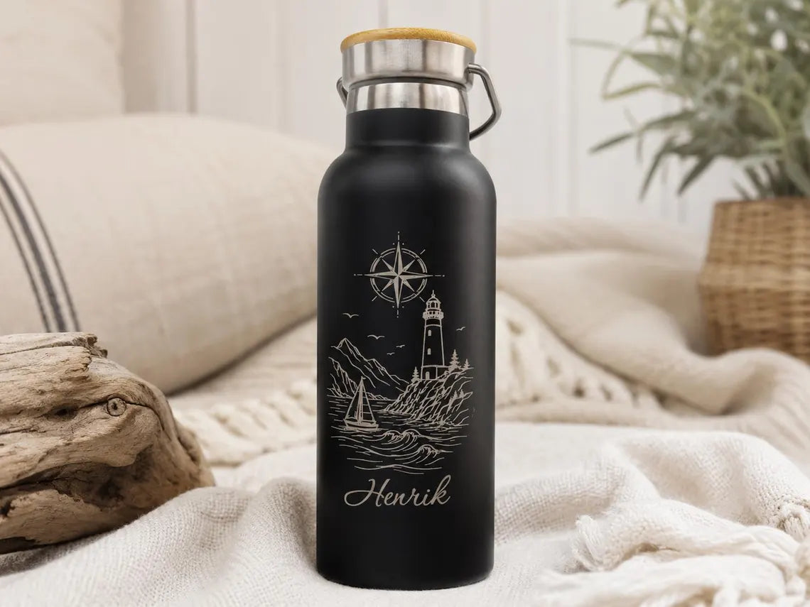 Thermoflasche mit Namen & Leuchtturm Motiv | 500 ml