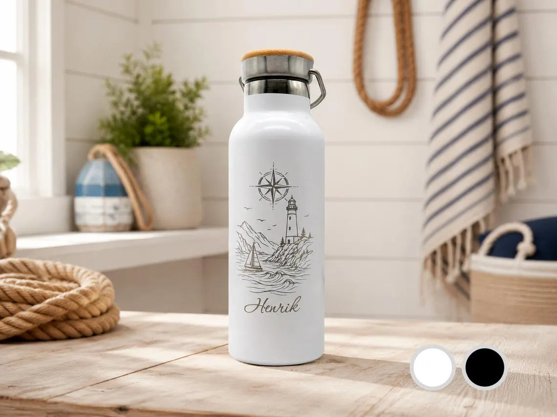 Thermoflasche mit Namen & Leuchtturm-Motiv | 500 ml