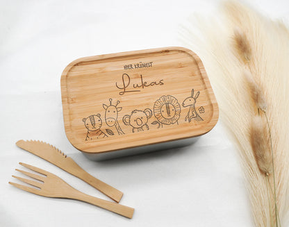 Lunchbox "Animal Family" mit Bambusdeckel – Personalisiertes Geschenk für Kinder