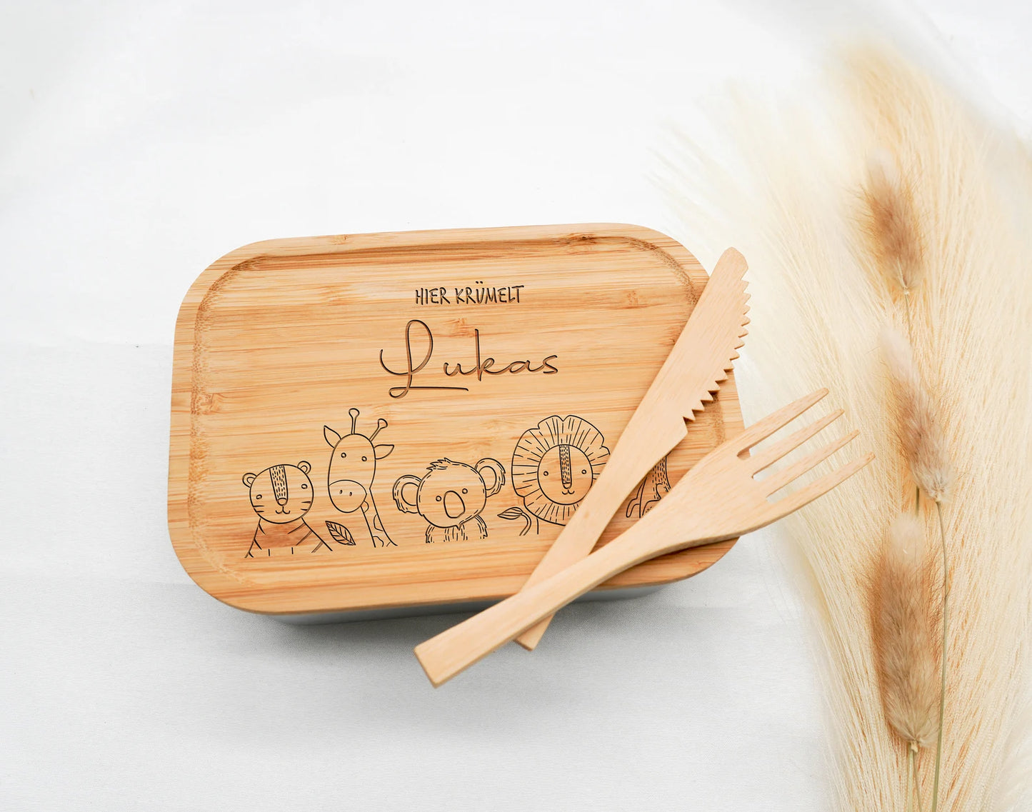 Lunchbox "Animal Family" mit Bambusdeckel – Personalisiertes Geschenk für Kinder