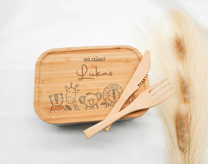 Lunchbox "Animal Family" mit Bambusdeckel – Personalisiertes Geschenk für Kinder