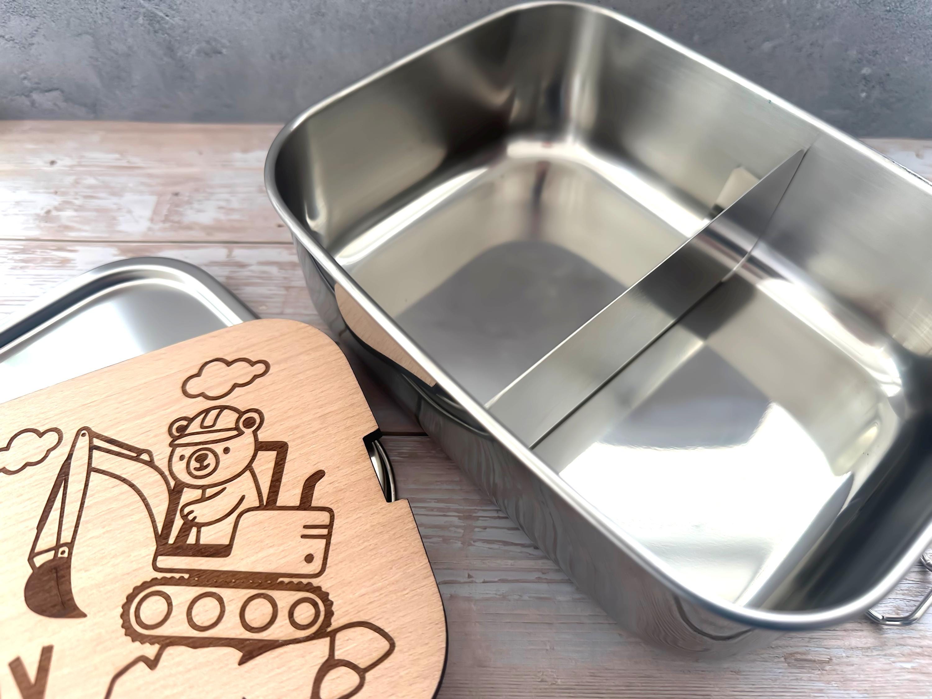 Personalisierte Brotdose Edelstahl mit Namen, Bagger-Bärenmotiv, wasserdicht, BPA-frei, mit Trennsteg & Schneidebrett, Geschenk für Kinder