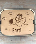 Personalisierte Brotdose Edelstahl, mit Namen, Flugzeug Bärenmotiv, wasserdicht, BPA-frei, mit Trennsteg & Schneidebrett, Geschenk Kinder
