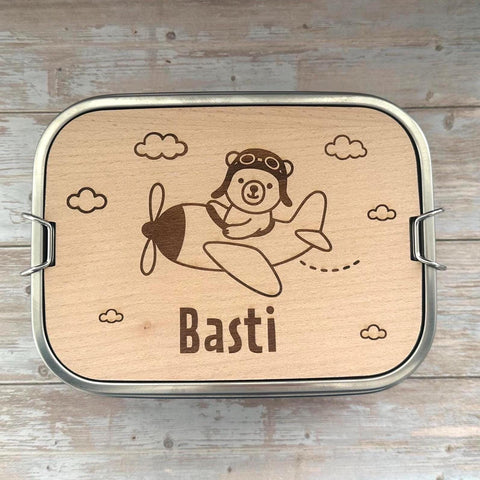 Personalisierte Brotdose Edelstahl, mit Namen, Flugzeug Bärenmotiv, wasserdicht, BPA-frei, mit Trennsteg & Schneidebrett, Geschenk Kinder