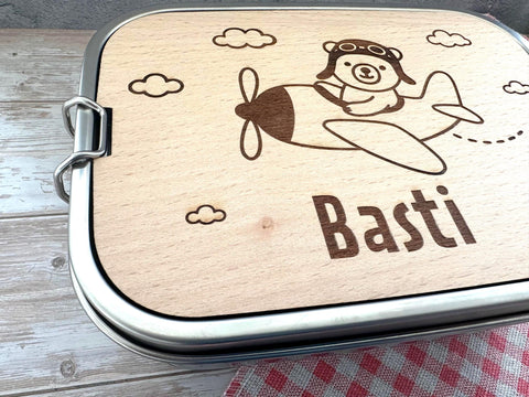 Personalisierte Brotdose Edelstahl, mit Namen, Flugzeug Bärenmotiv, wasserdicht, BPA-frei, mit Trennsteg & Schneidebrett, Geschenk Kinder