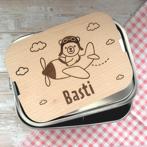 Personalisierte Brotdose Edelstahl, mit Namen, Flugzeug Bärenmotiv, wasserdicht, BPA-frei, mit Trennsteg & Schneidebrett, Geschenk Kinder