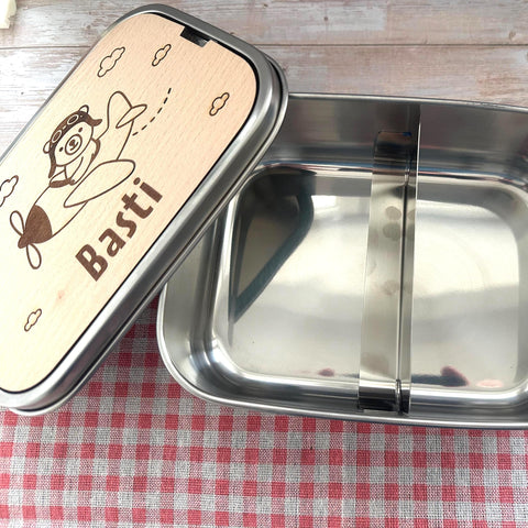 Personalisierte Brotdose Edelstahl, mit Namen, Flugzeug Bärenmotiv, wasserdicht, BPA-frei, mit Trennsteg & Schneidebrett, Geschenk Kinder