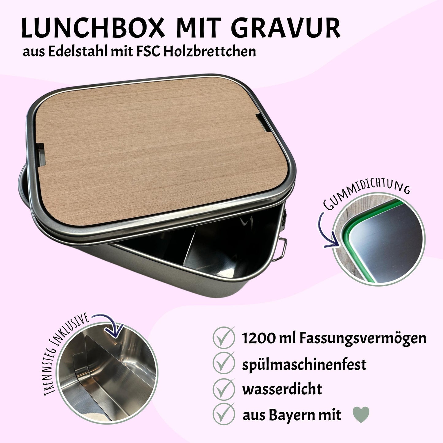 Personalisierte Brotdose Edelstahl, mit Namen, Outdoor & Camping, wasserdicht mit Trennsteg und Schneidebrett