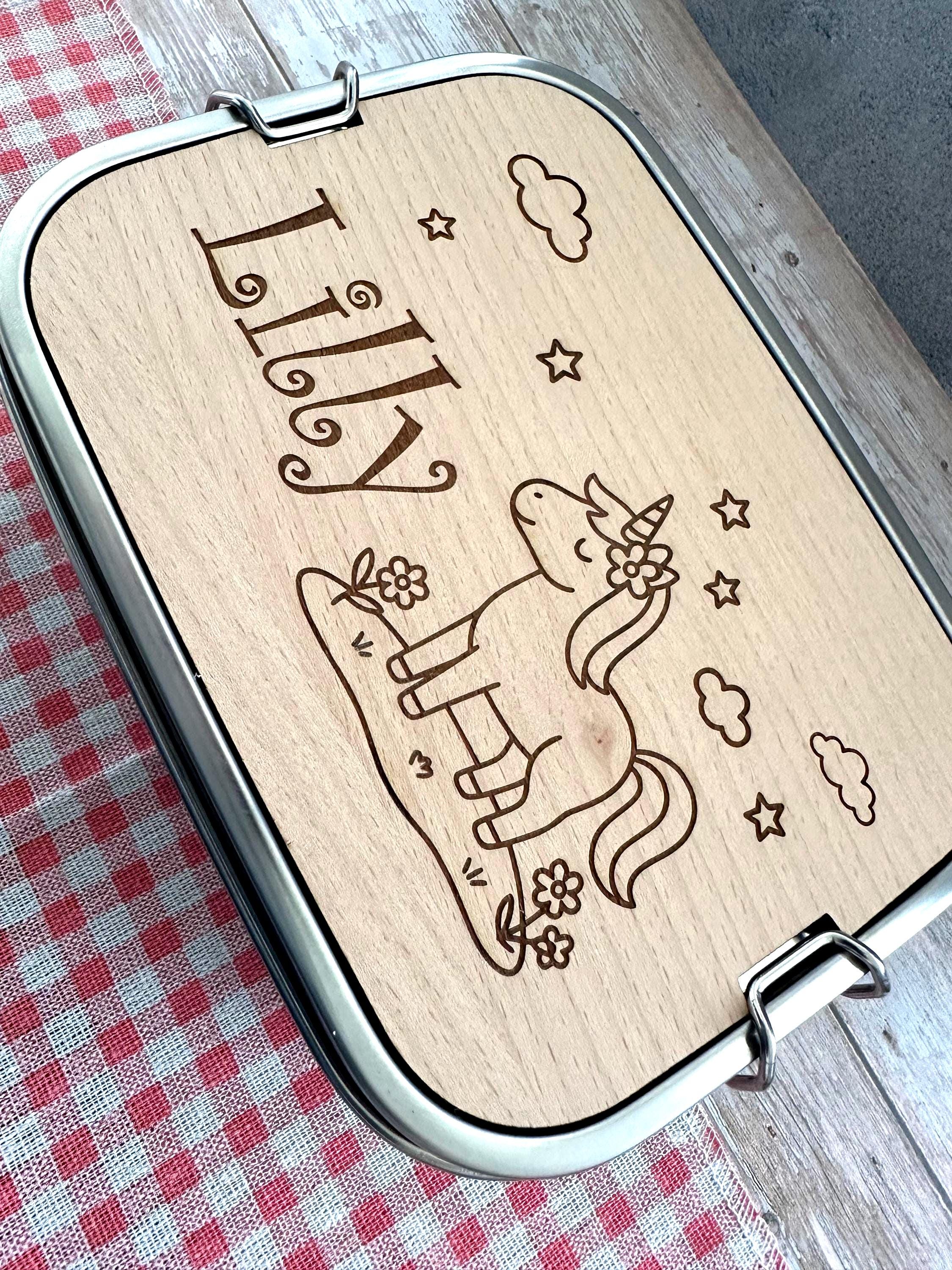 Personalisierte Brotdose Edelstahl, mit Namen, Einhorn, wasserdicht, BPA-frei, mit Trennsteg & Schneidebrett, Geschenk für Kinder