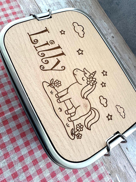 Personalisierte Brotdose Edelstahl, mit Namen, Einhorn, wasserdicht, BPA-frei, mit Trennsteg & Schneidebrett, Geschenk Kinder
