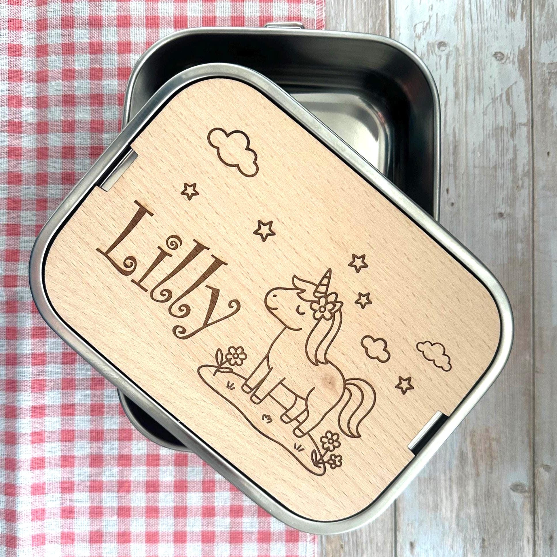 Personalisierte Brotdose Edelstahl, mit Namen, Einhorn, wasserdicht, BPA-frei, mit Trennsteg & Schneidebrett, Geschenk für Kinder