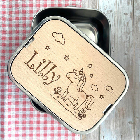 Personalisierte Brotdose Edelstahl, mit Namen, Einhorn, wasserdicht, BPA-frei, mit Trennsteg & Schneidebrett, Geschenk Kinder
