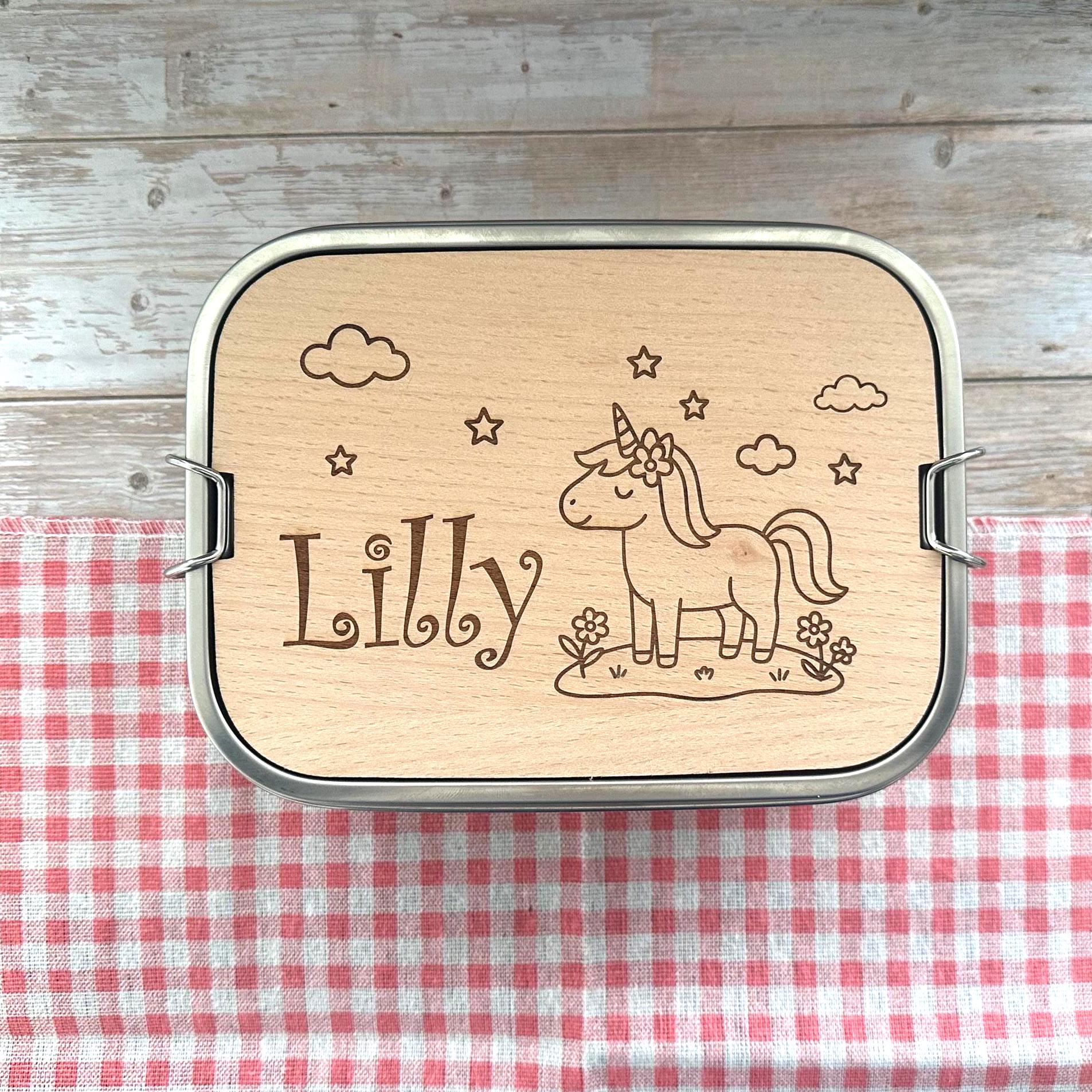 Personalisierte Brotdose Edelstahl, mit Namen, Einhorn, wasserdicht, BPA-frei, mit Trennsteg & Schneidebrett, Geschenk für Kinder