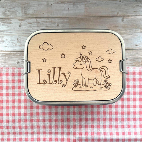 Personalisierte Brotdose Edelstahl, mit Namen, Einhorn, wasserdicht, BPA-frei, mit Trennsteg & Schneidebrett, Geschenk Kinder