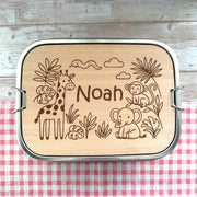 Personalisierte Brotdose Edelstahl, mit Namen, Tierwelt, wasserdicht, BPA-frei, mit Trennsteg & Schneidebrett, Geschenk für Kinder