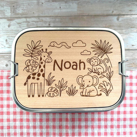 Personalisierte Brotdose Edelstahl, mit Namen, Tierwelt, wasserdicht, BPA-frei, mit Trennsteg & Schneidebrett, Geschenk Kinder