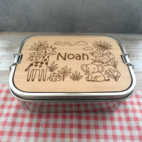 Personalisierte Brotdose Edelstahl, mit Namen, Tierwelt, wasserdicht, BPA-frei, mit Trennsteg & Schneidebrett, Geschenk Kinder