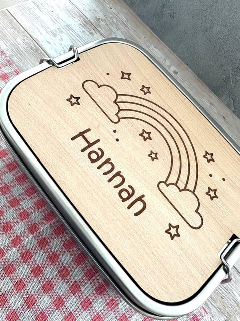 Personalisierte Brotdose Edelstahl, mit Namen, Regenbogen, wasserdicht, BPA-frei, mit Trennsteg & Schneidebrett, Geschenk Kinder