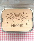 Personalisierte Brotdose Edelstahl, mit Namen, Regenbogen, wasserdicht, BPA-frei, mit Trennsteg & Schneidebrett, Geschenk Kinder
