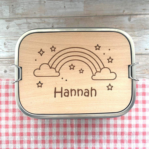Personalisierte Brotdose Edelstahl, mit Namen, Regenbogen, wasserdicht, BPA-frei, mit Trennsteg & Schneidebrett, Geschenk Kinder