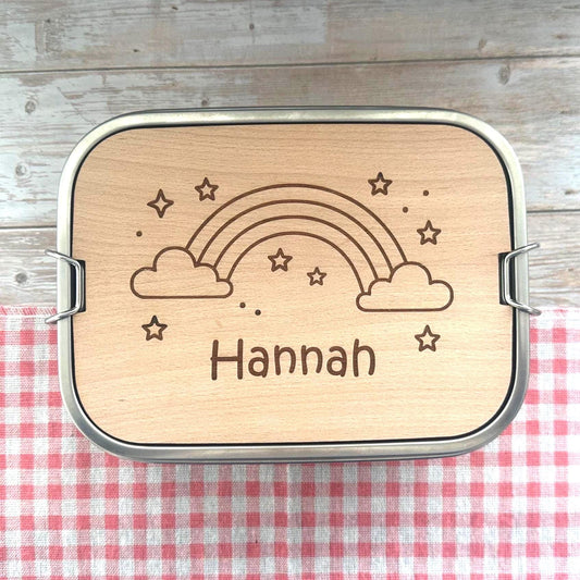 Personalisierte Brotdose Edelstahl, mit Namen, Regenbogen, wasserdicht, BPA-frei, mit Trennsteg & Schneidebrett, Geschenk Kinder
