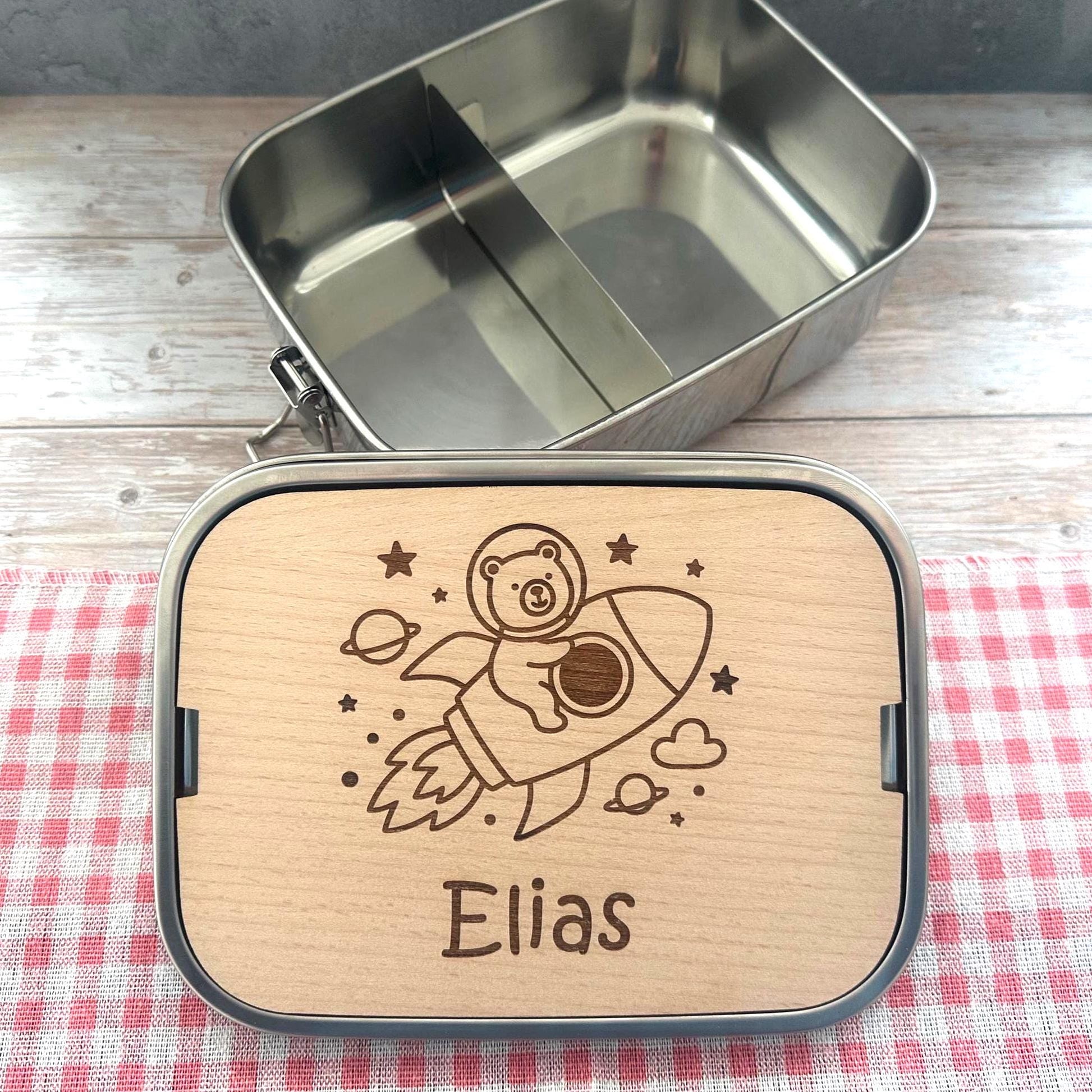 Personalisierte Brotdose Edelstahl, mit Namen, Rakete Weltraum, wasserdicht, BPA-frei, mit Trennsteg & Schneidebrett, Geschenk Kinder