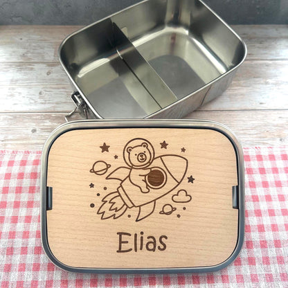 Personalisierte Brotdose Edelstahl, mit Namen, Rakete Weltraum, wasserdicht, BPA-frei, mit Trennsteg & Schneidebrett, Geschenk Kinder