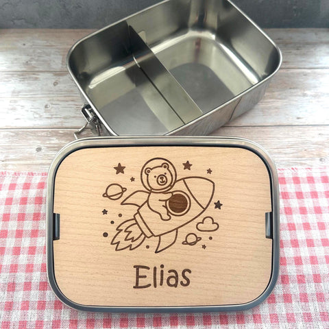 Personalisierte Brotdose Edelstahl, mit Namen, Rakete Weltraum, wasserdicht, BPA-frei, mit Trennsteg & Schneidebrett, Geschenk Kinder