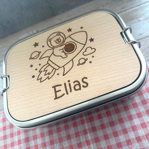 Personalisierte Brotdose Edelstahl, mit Namen, Rakete Weltraum, wasserdicht, BPA-frei, mit Trennsteg & Schneidebrett, Geschenk Kinder