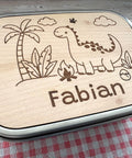 Personalisierte Brotdose Edelstahl, mit Namen, Dino, Dinosaurier, wasserdicht, BPA-frei, mit Trennsteg & Schneidebrett, Geschenk Kinder