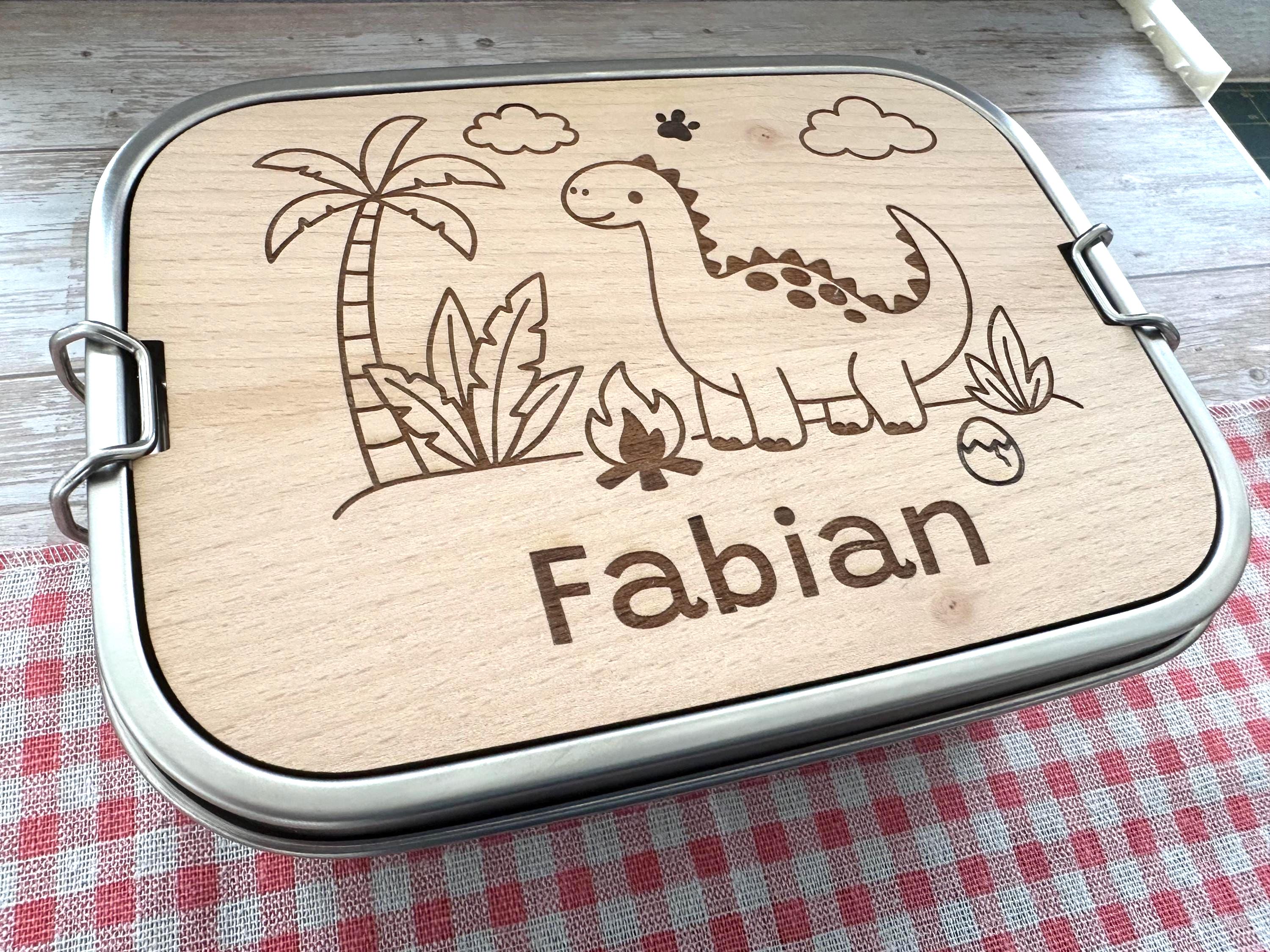 Personalisierte Brotdose Edelstahl, mit Namen, Dino, Dinosaurier, wasserdicht, BPA-frei, mit Trennsteg & Schneidebrett, Geschenk für Kinder