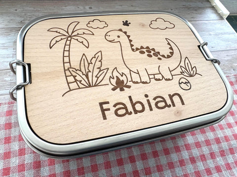 Personalisierte Brotdose Edelstahl, mit Namen, Dino, Dinosaurier, wasserdicht, BPA-frei, mit Trennsteg & Schneidebrett, Geschenk Kinder