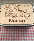 Personalisierte Brotdose Edelstahl, mit Namen, Dino, Dinosaurier, wasserdicht, BPA-frei, mit Trennsteg & Schneidebrett, Geschenk Kinder