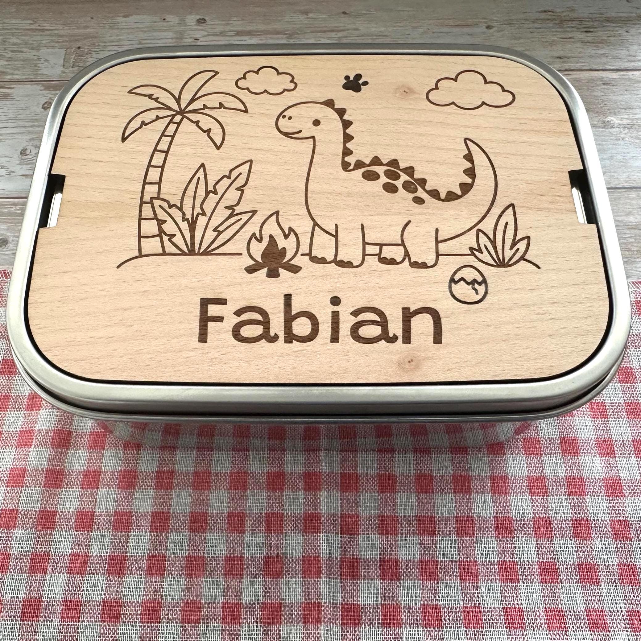 Personalisierte Brotdose Edelstahl, mit Namen, Dino, Dinosaurier, wasserdicht, BPA-frei, mit Trennsteg & Schneidebrett, Geschenk für Kinder