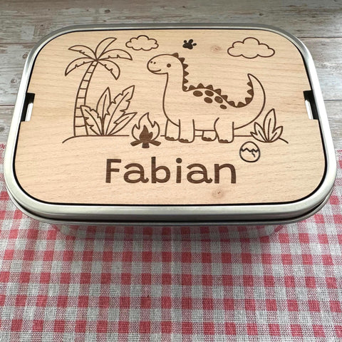Personalisierte Brotdose Edelstahl, mit Namen, Dino, Dinosaurier, wasserdicht, BPA-frei, mit Trennsteg & Schneidebrett, Geschenk Kinder