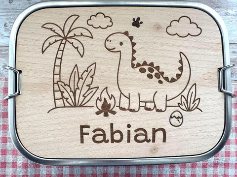 Personalisierte Brotdose Edelstahl, mit Namen, Dino, Dinosaurier, wasserdicht, BPA-frei, mit Trennsteg & Schneidebrett, Geschenk Kinder