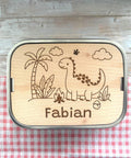Personalisierte Brotdose Edelstahl, mit Namen, Dino, Dinosaurier, wasserdicht, BPA-frei, mit Trennsteg & Schneidebrett, Geschenk Kinder