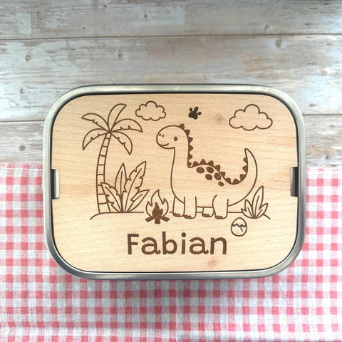 Personalisierte Brotdose Edelstahl, mit Namen, Dino, Dinosaurier, wasserdicht, BPA-frei, mit Trennsteg & Schneidebrett, Geschenk Kinder
