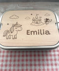 Personalisierte Brotdose Edelstahl, mit Namen,Einhorn, Schloss und Fee, wasserdicht mit Trennsteg & Schneidebrett, Geschenk Kinder